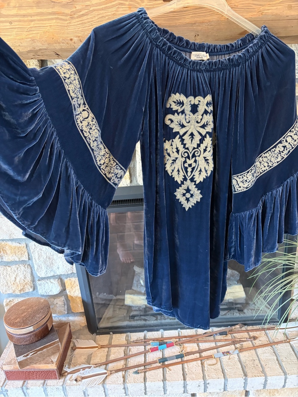 Tasha Polizzi Embroidered Navy Velvet Boho dress
